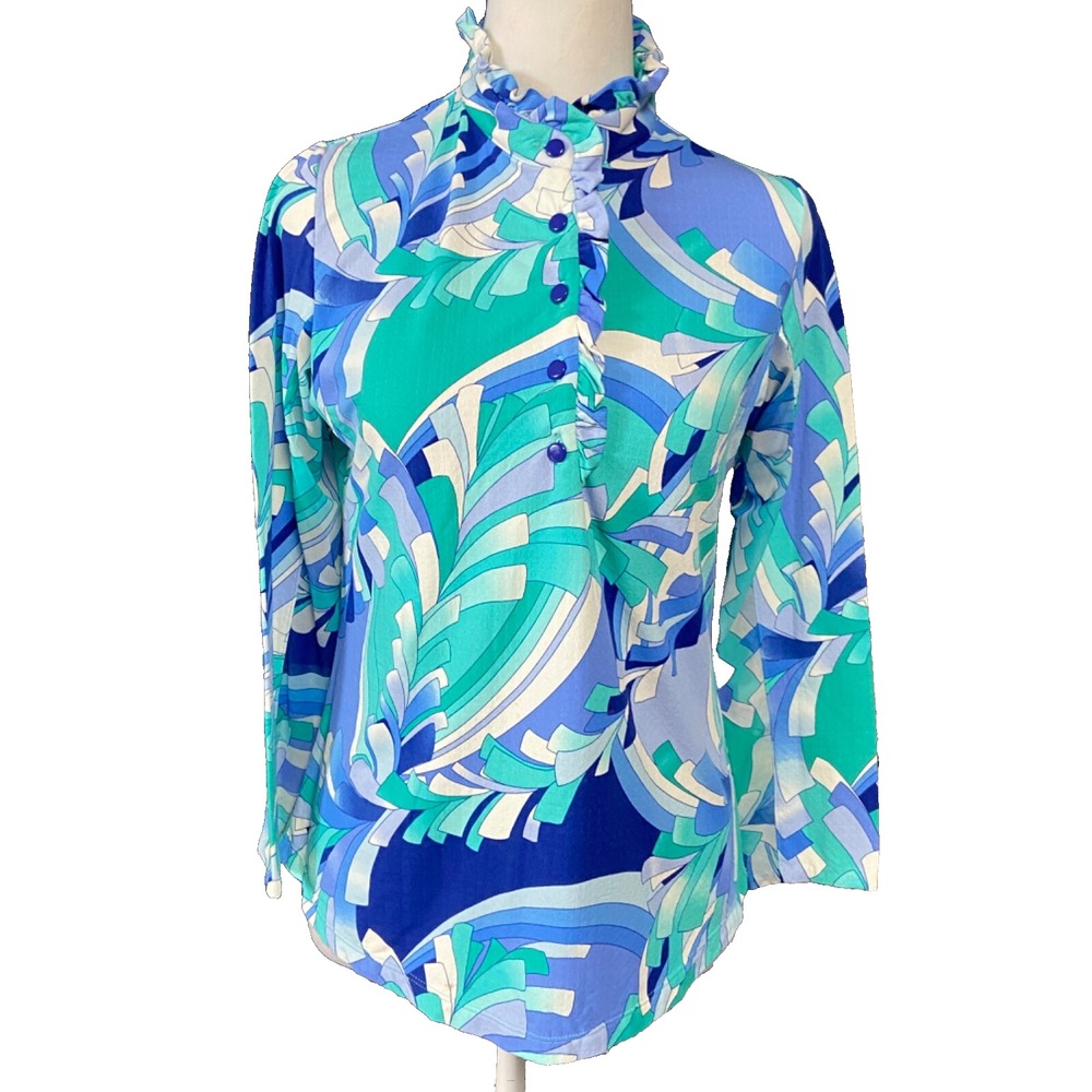 Gottex Life Style Womens Top Small Blue Mesh Sleeve Ruffle Active Golf Run